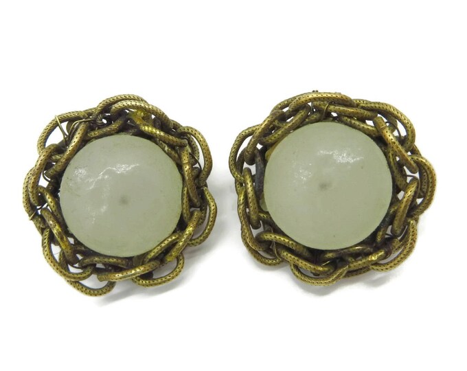 Vintage Miriam Haskell Button Earrings, Mid-Century Designer Braided Brass and Glass Button Clip-ons