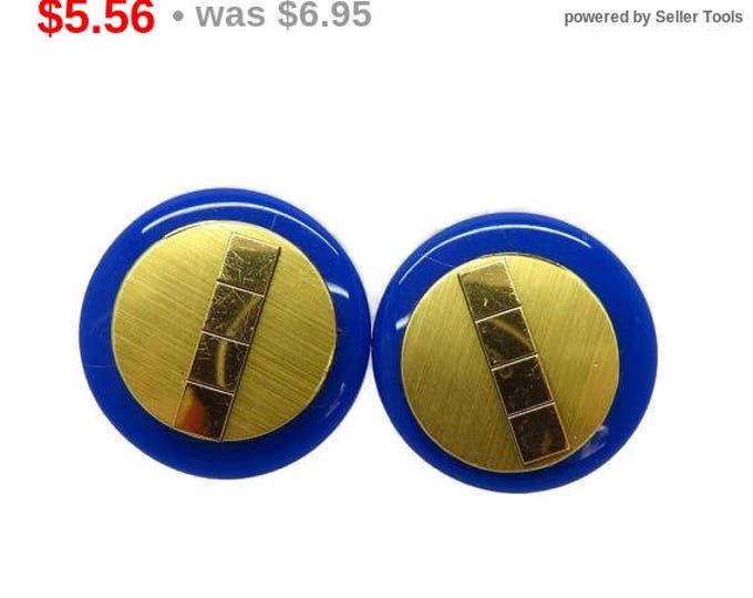 ON SALE! Vintage MOD Button Earrings, Blue and Gold Tone Clip-on Earrings