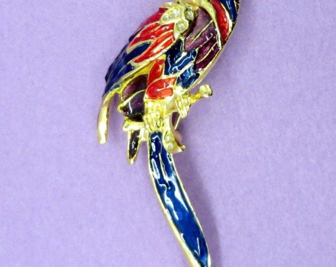 Vintage Parrot Brooch, Pendant Brooch, Rhinestone Parrot Pin, Enamel Parrot Pin, Red Blue Bird Pendant Pin, Parrot Jewelry