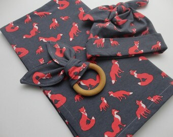 3 Piece Fox Baby Gift Set - Swaddling Blanket, Hat, and Teething Ring - Ready to Ship