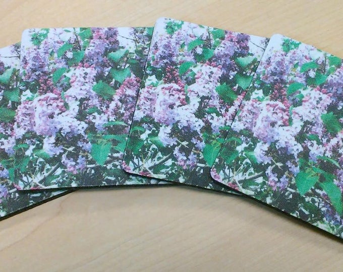 PURPLE BEVERAGE COASTER set featuring the fragrant Lilac bush on absorbent foam back fabric