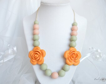 Teething necklace nursing necklace silicone sensory necklace chew necklace peach olive green mustard yellow flower chewelry baby girl shower