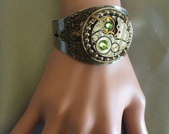 Birthdtone Jewelry, Steampunk Cuff, Steampunk Bracelet,Steampunk Jewelry, Clockworks, Watch Movement, Cosplay, Neo Victorian Jewelry