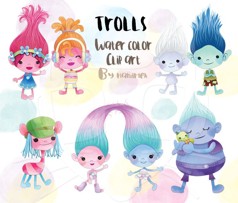 Trolls Watercolor clip art cute characters clipart Instant