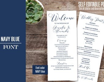Wedding program, Printable Wedding program, NAVY blue font wedding template, Instant download self editable PDF P117