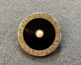Engraved Victorian Rolled-Gold Mourning Brooch with Pearl. Free shipping