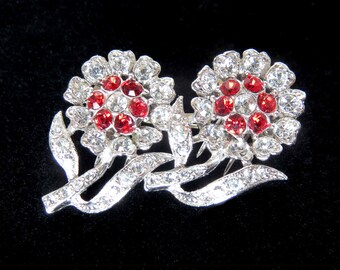 CORO DUETTE Crystal Clear & Ruby Red Rhinestone Double Flower Brooch/Dress Clip - Signed