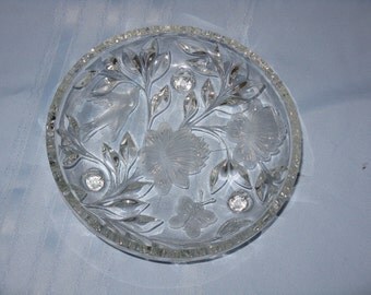 Vintage cut glass dish shallow bowl bird flowers butterfly