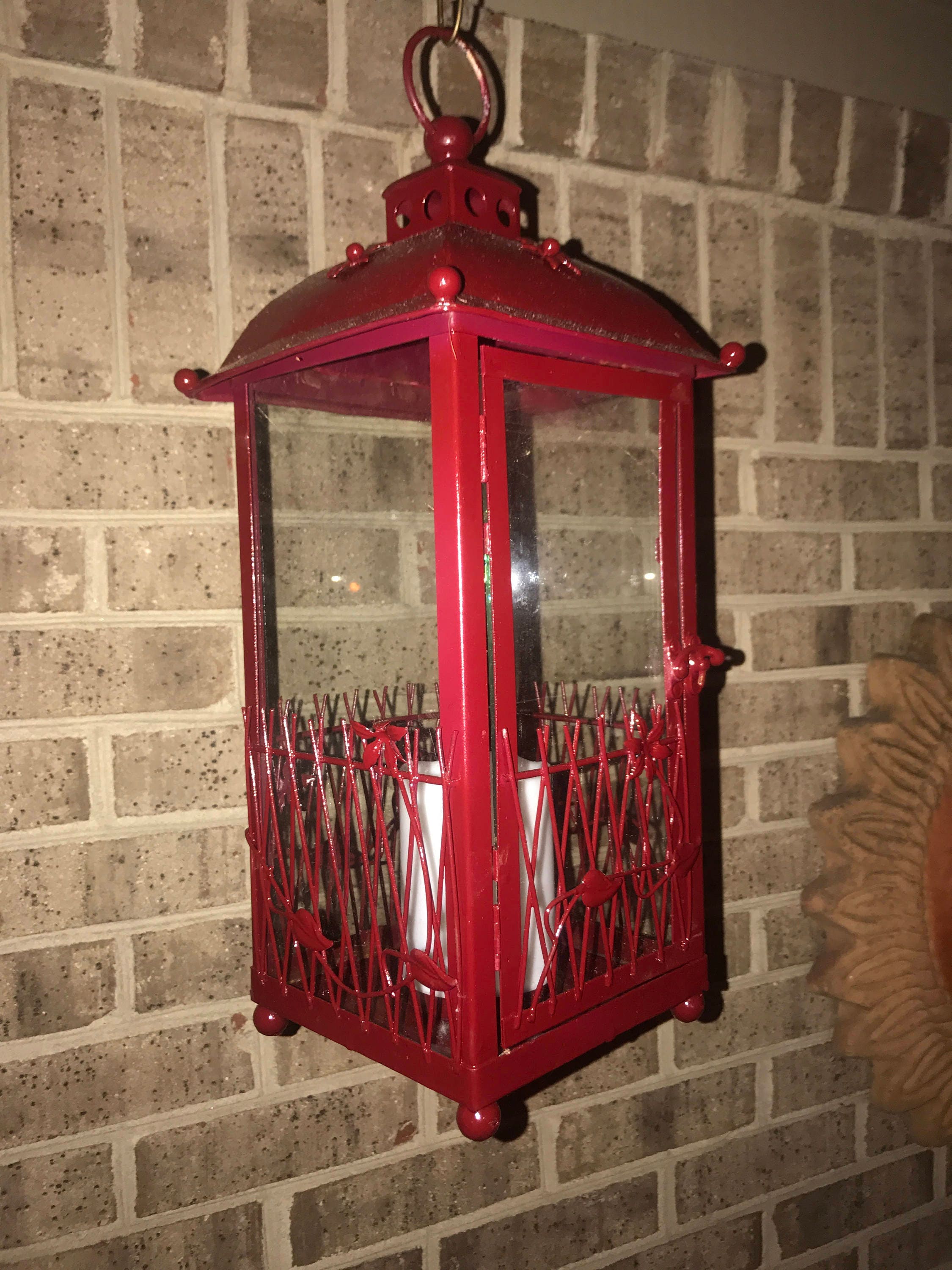 Red Metal Hurricane Glass Panel Lantern