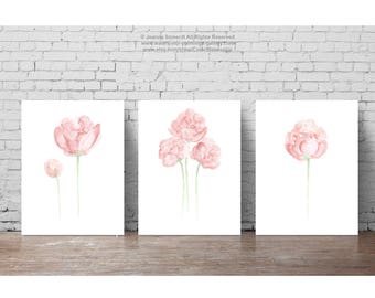 Peony Shabby Chic Paper Flower Bouquet Art Print set 3, Olive Green Stems Light Pink Flowers Bud Baby Girl Nursery Room Painting Wall Decor