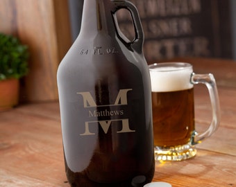 Monogrammed Amber Beer Growler - Groomsmen - Best Man Gift