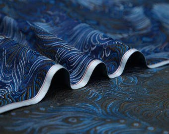 Navy blue Pteris Yarn-dyed Jacquard fabric, Brocade fabric, wedding dress printing fabric - 75cm wide