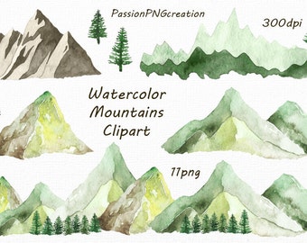 Watercolor Mountains Clipart, PNG, hand painted, Watercolour Mountain clip art, Hills,mountain graphics, For Personal and Commercial Use