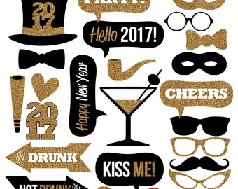 2017 New Year's Eve Photo Booth Props Collection–Printable Instant Download–Black & Gold Glitter Photo Booth Props for New Year's Eve Party