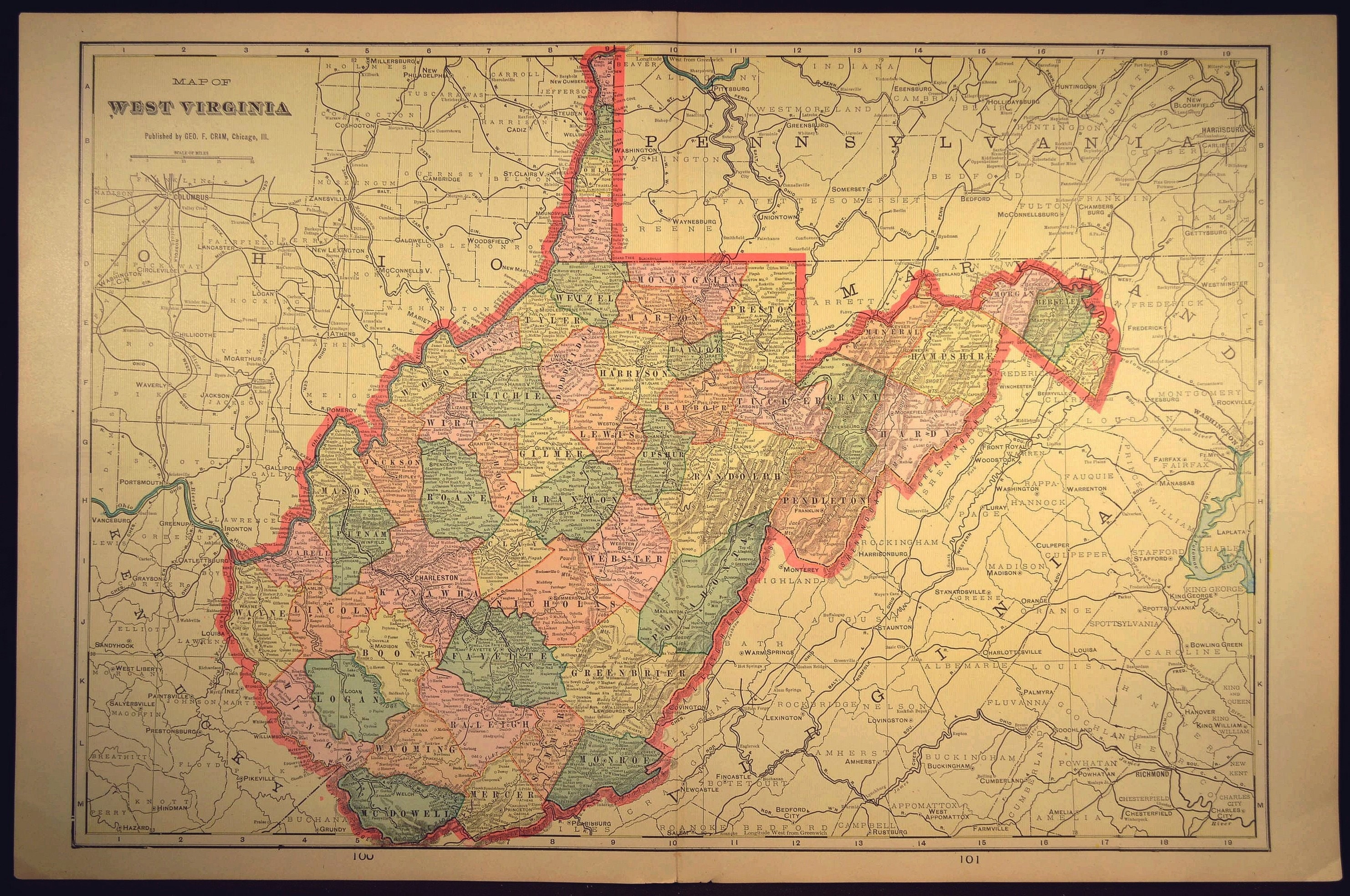 West Virginia Map Antique LARGE State Early 1900s Original