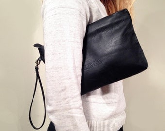 Sale!!! Black Leather wristlet, Wristlet Clutch, Leather clutch, Black leather clutch, leather bag, LINDA