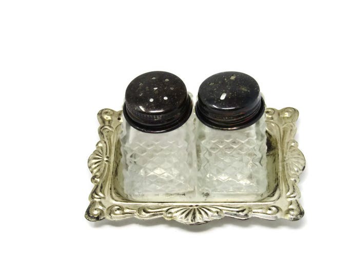 Vintage Salt and Pepper Shakers - Cut Glass Shakers- Silver Plated Tray Vintage Silver Plate Cut Glass Salt Shaker Pepper Shaker Mid Century