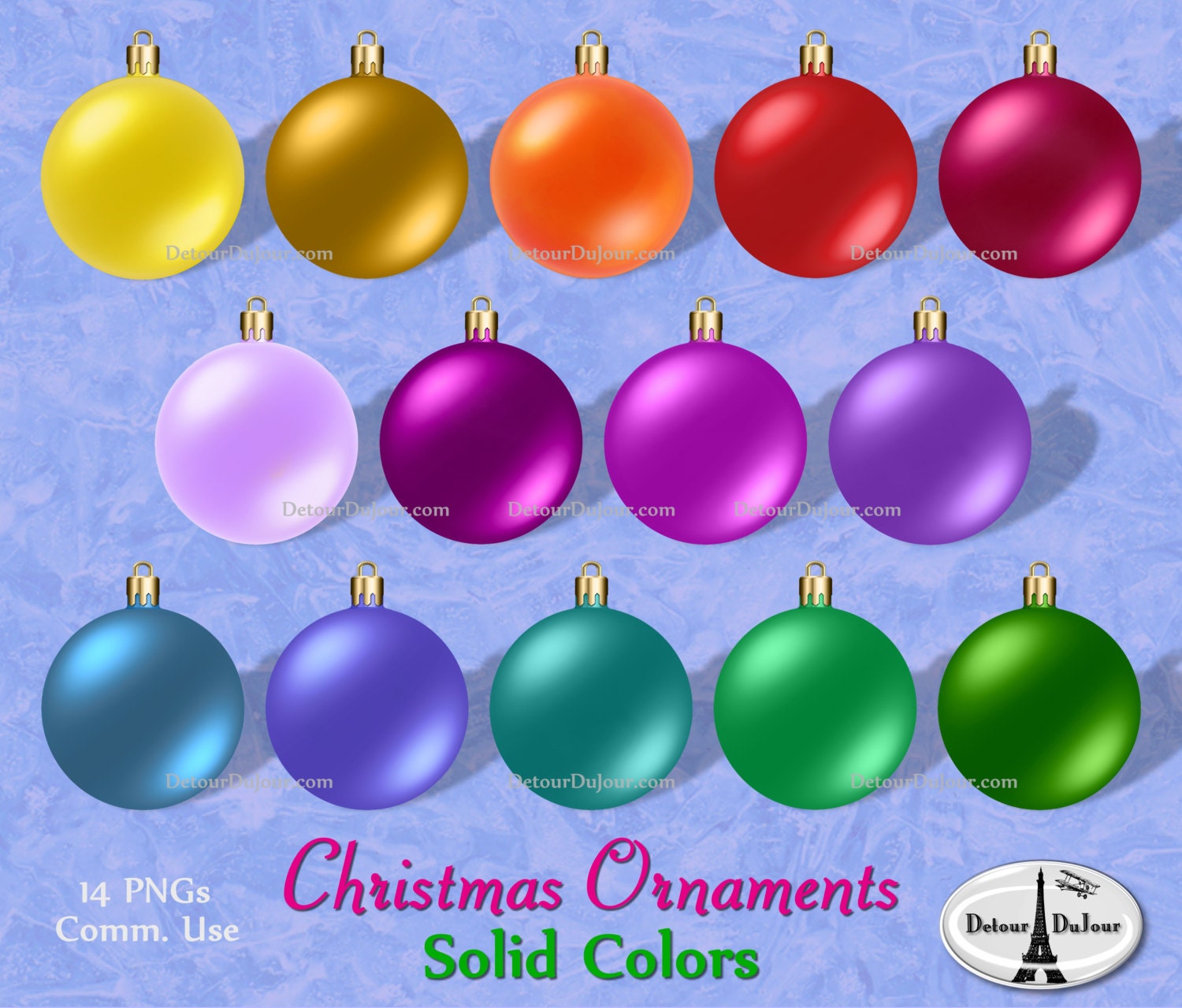 SALE/ 14 Assorted Christmas Ornaments Clipart, Plain Christmas Ornament Clip Art, Solid Color