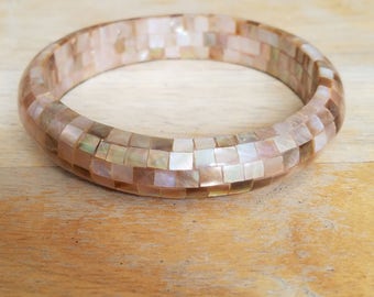 Vintage Plus Size Inlaid Brown Mother Of Pearl Shell Bangle Bracelet