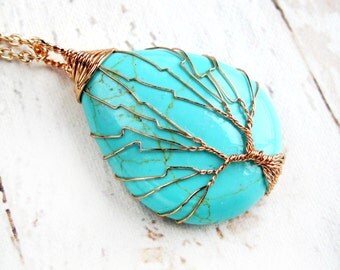 Wire Wrapped Jewelry-Wire Wrapped Tree-Tree of Life Necklace-Turquoise Pendant Necklace-Gift for Her-Gift for Mom-Turquoise Pendant Necklace