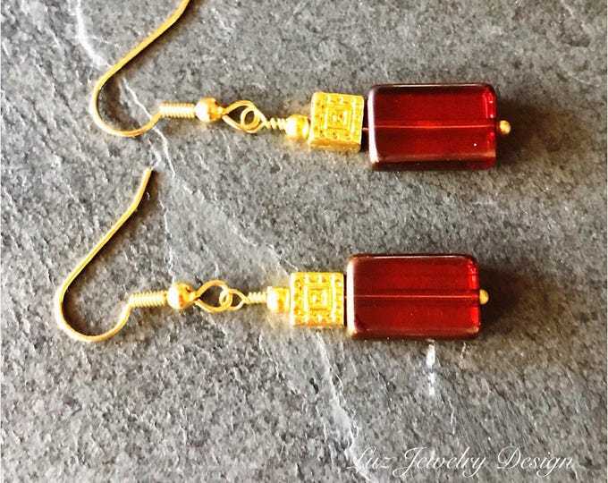 Square orange earrings Red orange earrings orange gold earrings red gold earrings red square earrings deep orange earrings deep orange glass