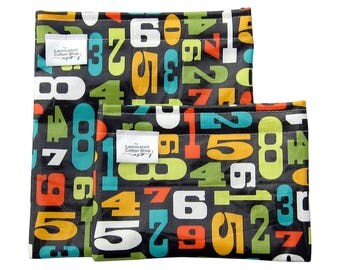 Reusable Snack Bag Set/ Snack and Sandwich Bag Food Grade Waterproof Laminated Cotton Retro Numbers