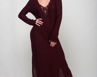 Crochet marsala dress KNIT maxi Dress V neck viscose Dress Crochet bordeaux Dress evening dress formal maxi Dress floor burgundy maxi Dress