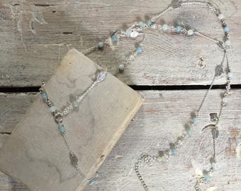 Aquamarine and Rainbow Moonstone Leaf 'Y' Necklace