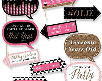 Funny Chic Happy Birthday - Pink, Black and Gold - Photo Booth Props - Happy Birthday Party Photo Booth Prop Kit - 10 Photo Props & Dowels