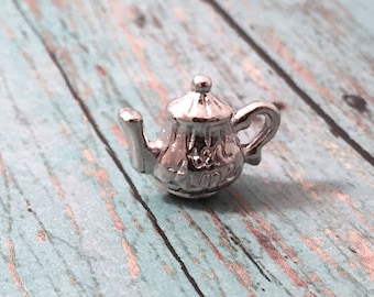 6 'Tea Time' teapot charms 3D antique silver tone - silver teapot pendants, tea time charms, fancy teapot charms, high tea pendants, MM13