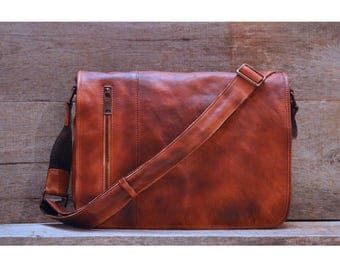 Men's Distressed Full Grain Leather Messenger Bag, Leather Bag, Cross Body Bag, Briefcase (68023BROWN)