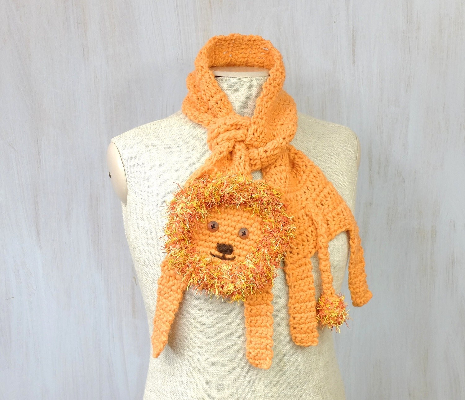 Lion scarf animal scarf orange neckwarmer crochet shawl