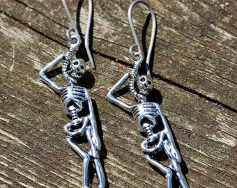 Silver Hanging Skeleton Earrings With Handmade Hypoallergenic Titanium, Niobium OR Sterling Silver Ear Wires - Goth - Halloween - Horror