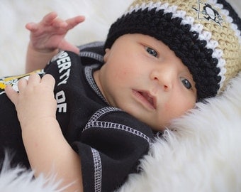 Crochet Baby Hat, Baby Hockey Hat, Crochet Beanie Hat in Pittsburgh Black, Gold And White - Baby Photos - Newborn and Baby Sizes Available.