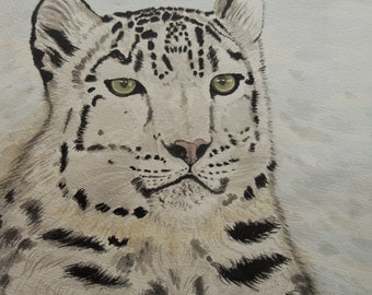 Snow Leopard Painting, Snow Leopard Watercolour, original watercolour painting, snow leopard, large signed art.