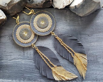 Grey leather earrings. Feather earrings. Long boho earrings. Bohemian tribal earrings. Leather feather earrings. Bohemian leather jewelry.