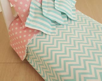 Reversible Comforter For American Girl Doll Bed With Decorative Pillows.