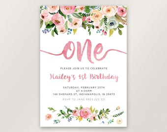 Floral 1st Birthday Invitation, Girl First Birthday Invitation, Watercolor Flowers, One Birthday Invitation Card, Printable, Digital File