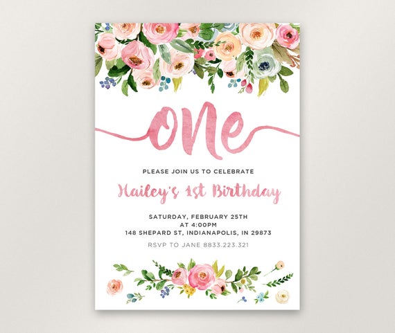 Floral 1st Birthday Invitation Girl First Birthday