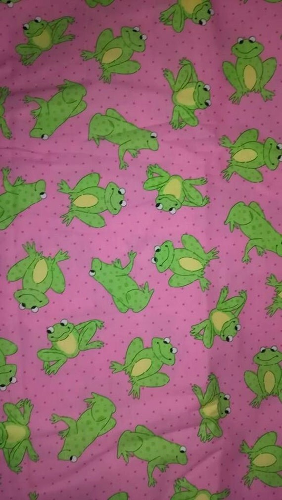 Frogs Fabric Pink Lime Frog Green Cotton Polka Dot