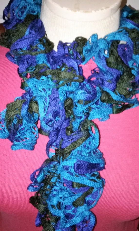 Items similar to Ruffled Frilly Scarf teal,black and navy blue 60