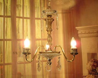 Antique Vintage Chandelier Pendant Brass 3 Lt Crystal