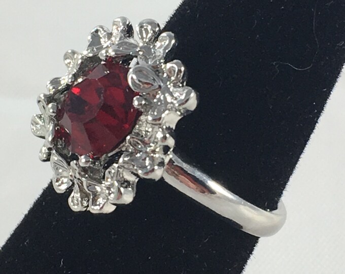 Storewide 25% Off SALE Vintage Silver Tone Ruby Red Rhinestone Adjustable Designer Cocktail Ring Featuring Butterfly Trim Design