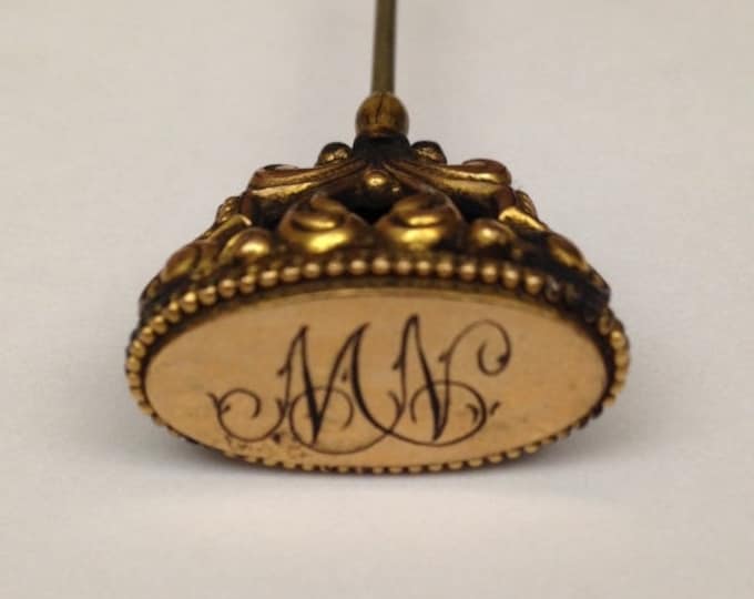 Storewide 25% Off SALE Vintage Gold Tone Monogramed Ladies Victorian Style Hat Pin Featuring Elegant Raised Cornice Floral Design