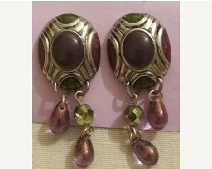 Storewide 25% Off SALE Vintage Silver Tone Lavender Beaded Designer Pierced Earrings Featuring Pink & Green Design Accents