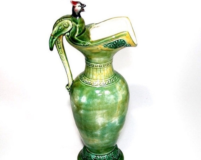 Storewide 25% Off SALE Vintage Emerald Green Decorative Ceramic Pitcher Copper Featuring Detailed Applied Bird Handle Design