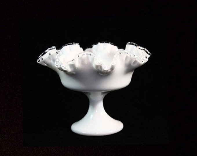 Storewide 25% Off SALE Vintage Fenton Silver Crested White Milk Glass Compote Featuring Classical Ruffled Fan Design