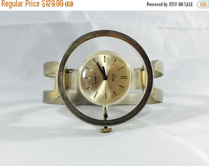 Storewide 25% Off SALE Vintage Two-Tone Eric Designer 17 Jewel Mechanical Watch Featuring Cuffed Bracelet Band With Skeleton Backing