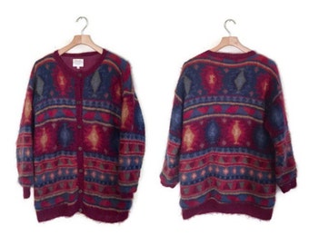 SALE Vintage Mohair Cardigan Angora Sweater Jacket TRIBAL SOUTHWEST oversized sweater chunky knit 1990s tunic boho hippie womens Large