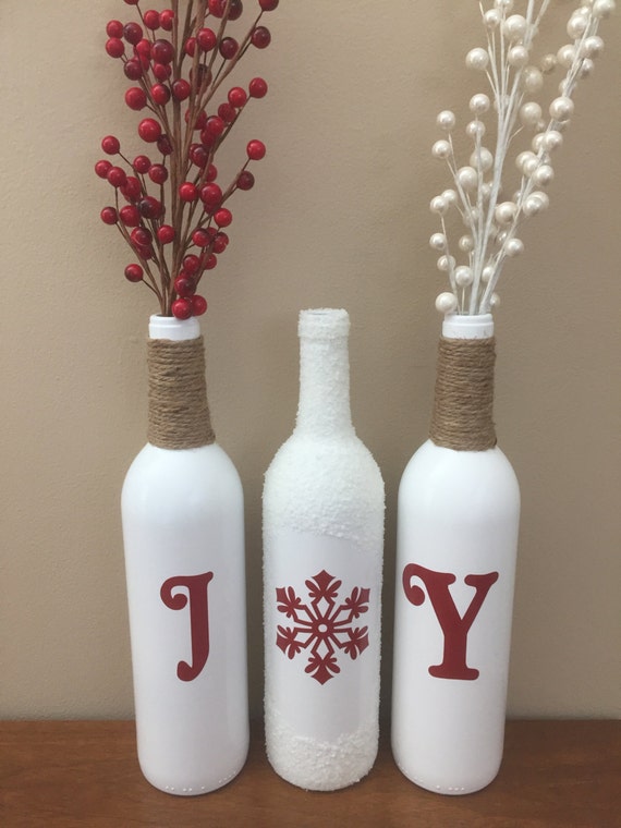 Joy Wine Bottles Christmas Decorations Snow by BriEllaCreations